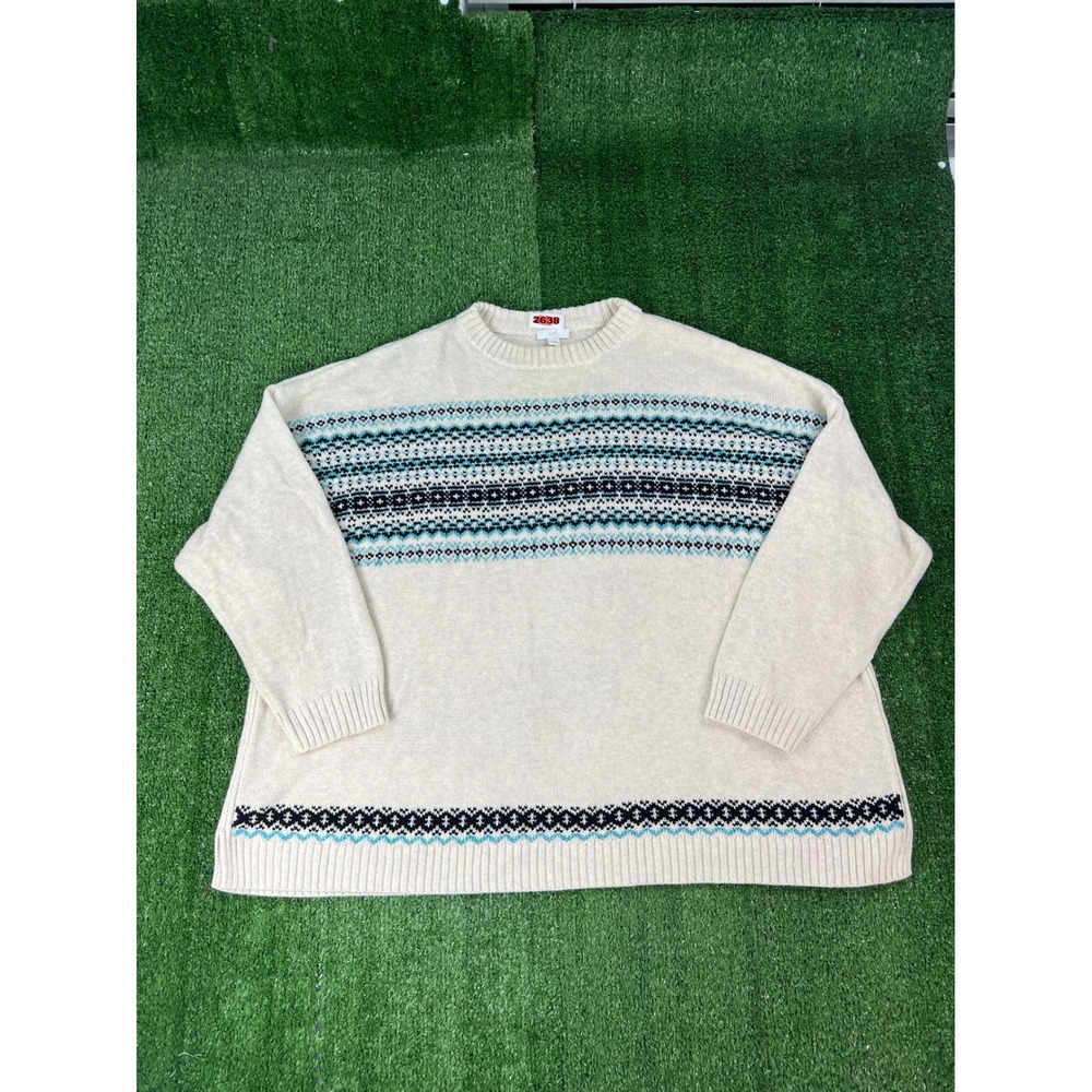 J. Jill Womens 2X Fair Isle Crew Neck Sweater Cream Blue Knit Pullover Relaxed